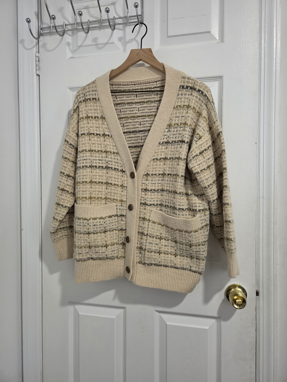Cream Patterned V-Neck Cardigan Sweater